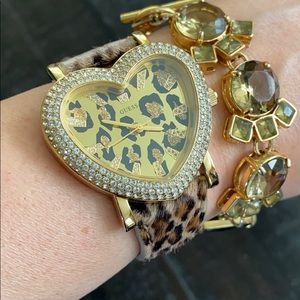 Leopard calf hair heart crystal watch